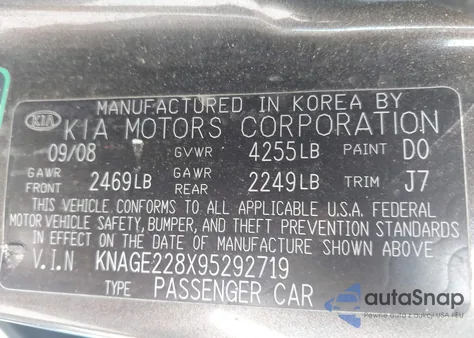 2009 Kia Optima Lx z USA, uszkodzony, nr VIN KNAGE228X95292719